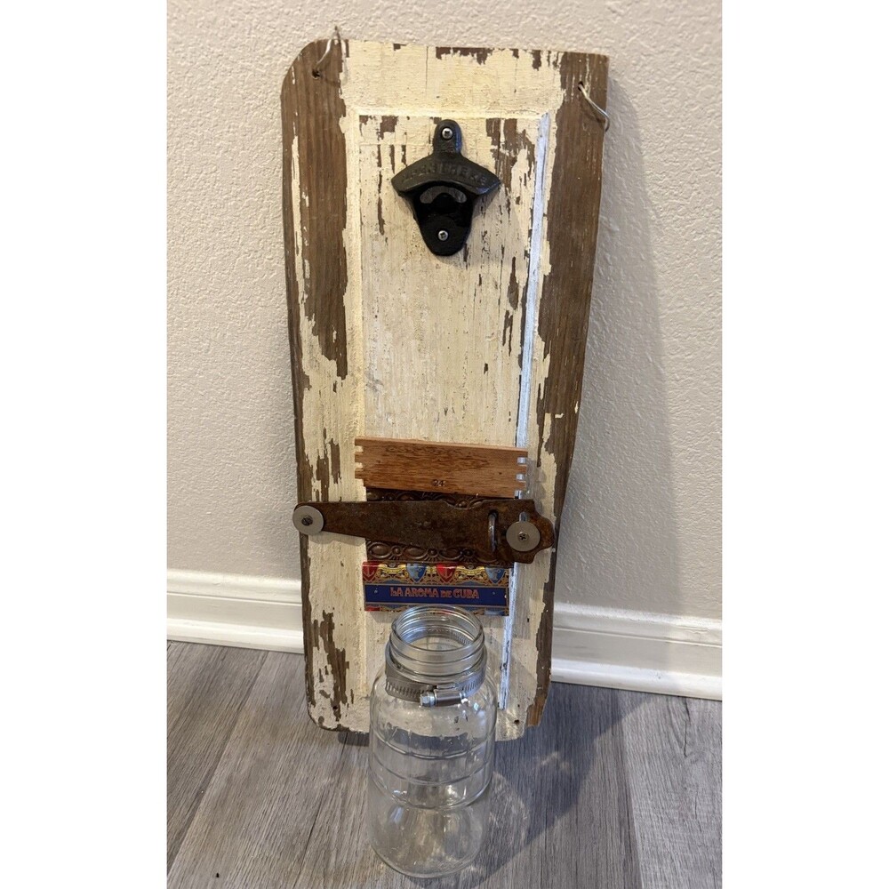 VTG Rustic Wall Mounted Wooden Bottle Opener with GLASS JAR Catcher